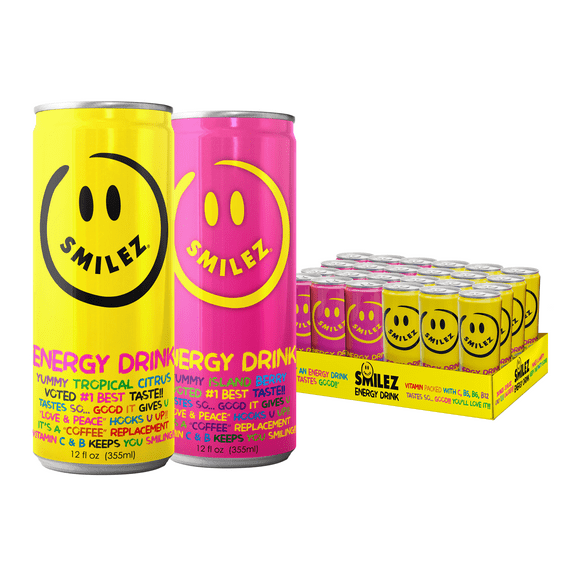 Smilez Energy Drink Variety Pack, Tropical Citrus/Island Berry, 12 Fl Oz Cans, (Pack of 24)