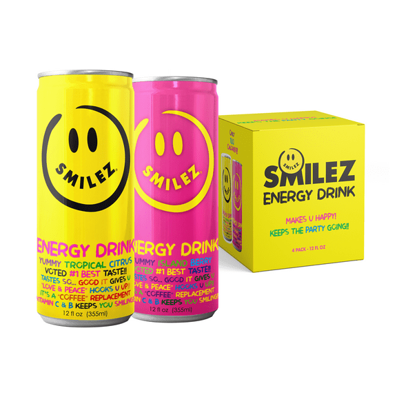 Smilez Energy Drink Variety Pack, Tropical Citrus/Island Berry, 12 Fl Oz Cans, (Pack of 4)