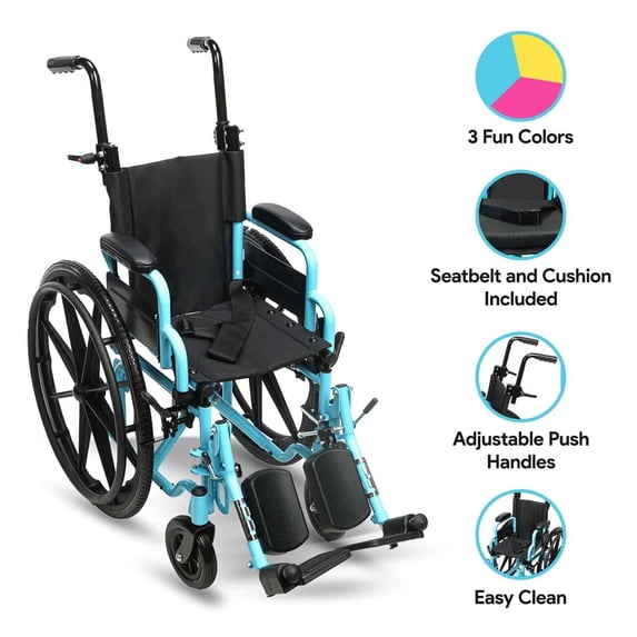 Smilez Pediatric Wheelchair Fun Lightweight Foldable Kids Wheelchair with Cushion Seat, Seat Belt and Anti-Tippers Included