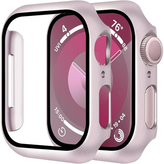 moogdieeo 2 Pack Case Built in Tempered Glass Screen Protector Compatible with Apple Watch Series 9/Series 8/Seriee 7 45mm, Hard PC Case Overall Protective Cover- 1 Pink + 1 Transparent