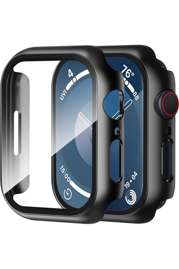 2 Pack Case Built in Tempered Glass Screen Protector Compatible with Apple Watch Series 9/Series 8 /Series 7 41mm, Hard PC Case Overall Protective Cover- Black