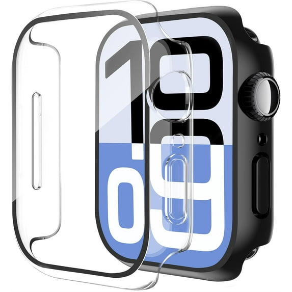 Smiling 2 Pack Case Built in Tempered Glass Screen Protector Compatible with Apple Watch series 10 46mm, Hard PC Case Overall Protective Cover- 1 Black + 1 Transparent