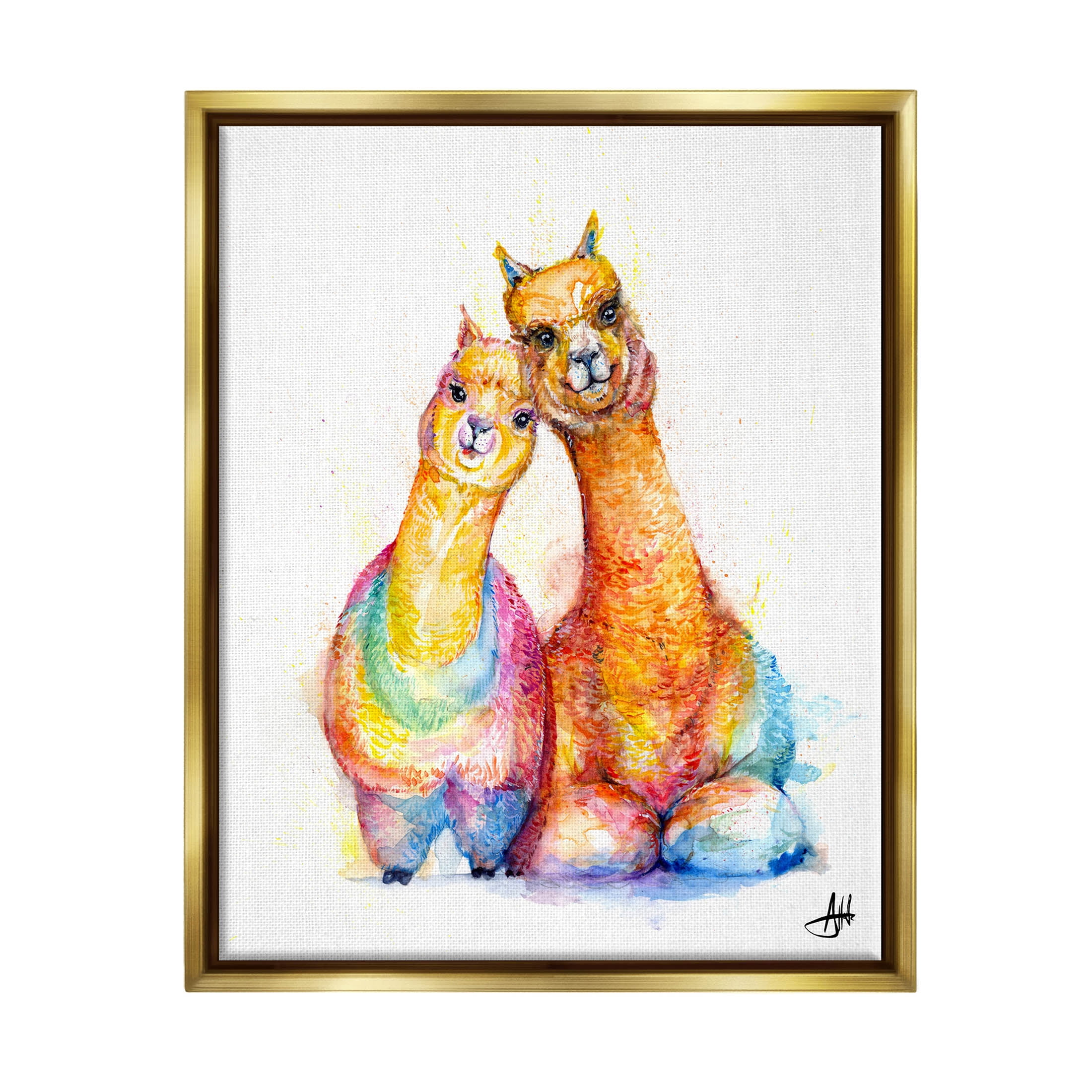 Smiling Alpacas Rainbow Animals Animals & Insects Graphic Art Metallic Gold Framed Art Print Wall Art