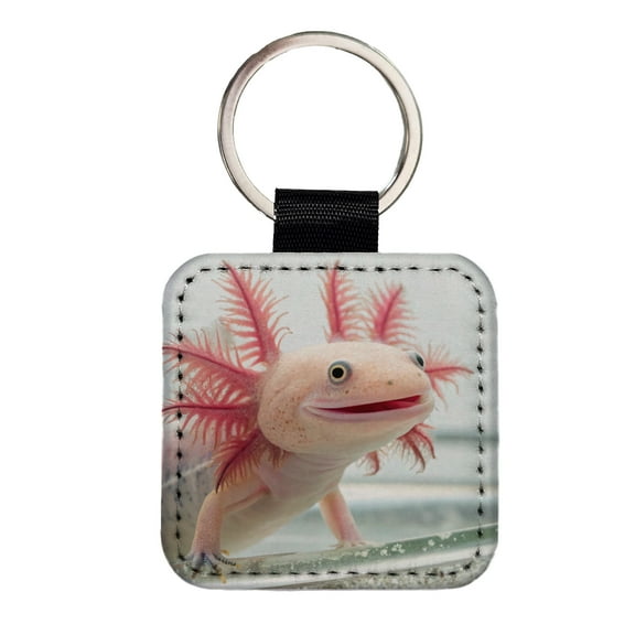 Smiling Axolotl Cute Funny Faux Leather Square Keychain
