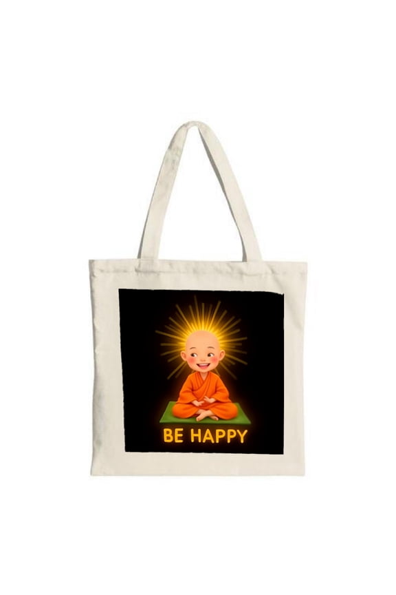 Smiling Bald in Orange Robes Tote Bag - Radiant Design with ' BE HAPPY ' Text Perfect for Shopping Travel & Parties