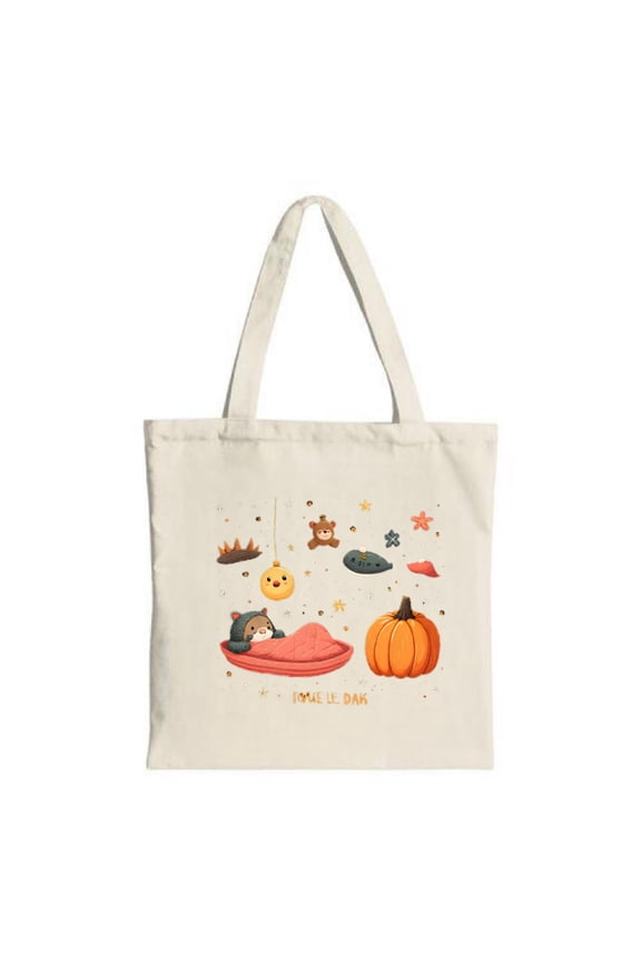 Smiling Bear Pumpkin & Star Tote Bag - Fun Canvas Bag for Shopping Travel & Parties - Imola D A Design
