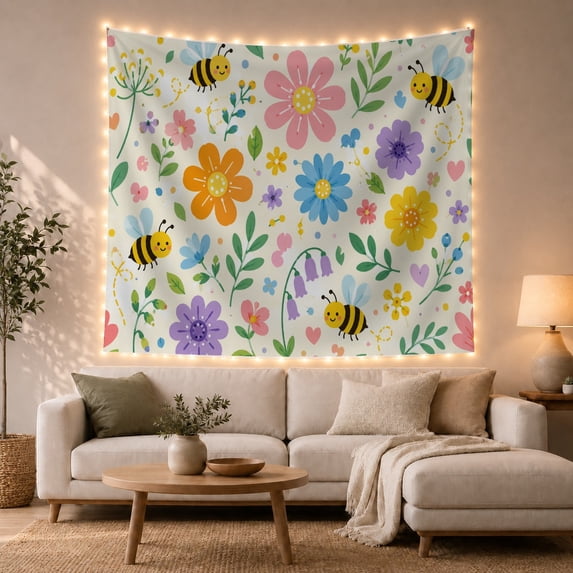 Smiling Bees and Flowers on Cream Background, Playful Illustration for Nature Enthusiasts, Cottagecore Art Print, Birthday Gift Tapestry Wall Hanging for Bedroom and Living Room