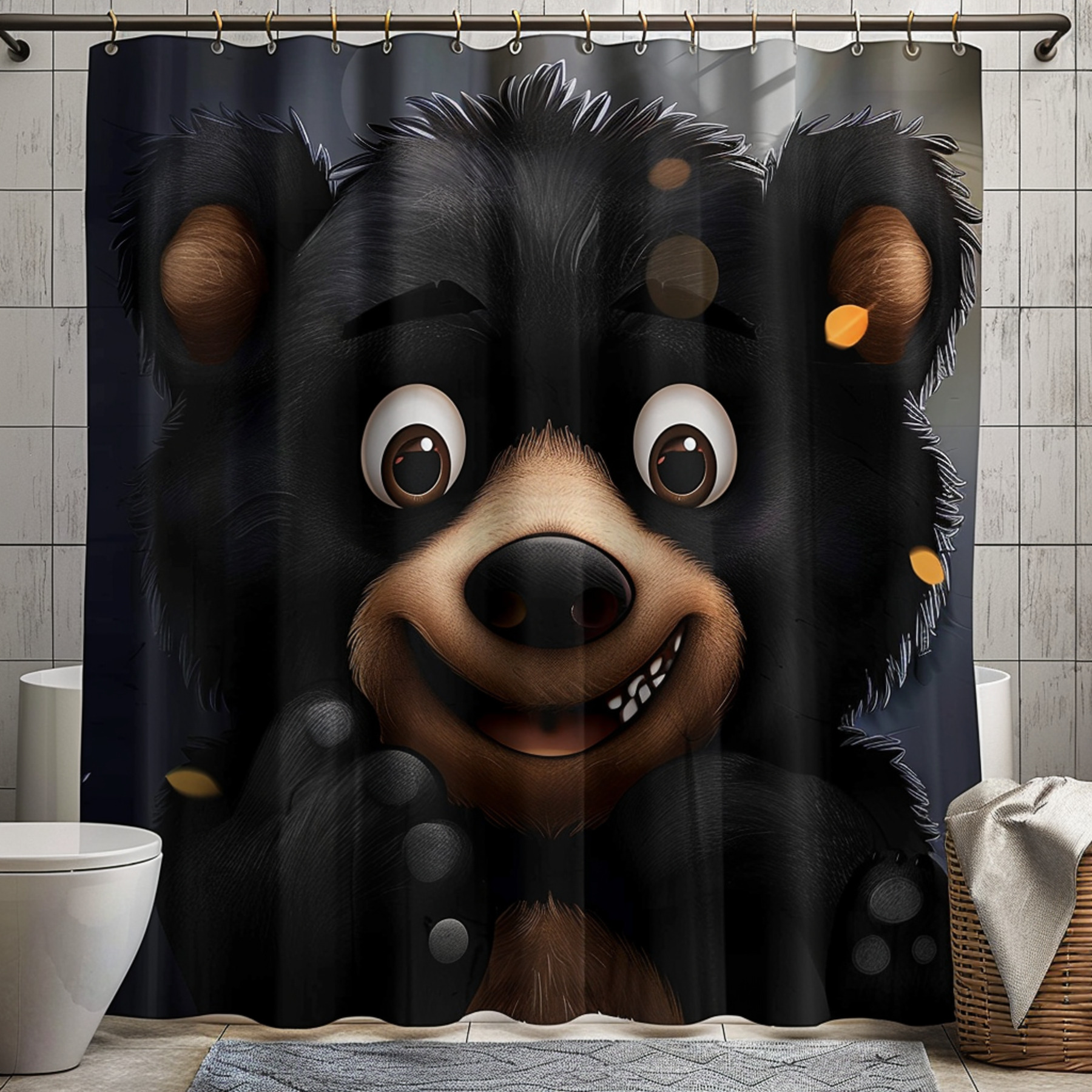 Smiling Black Bear and Baby Bear Cartoon Shower Curtain Fabric Texture