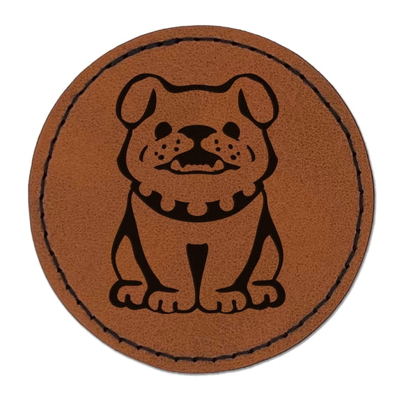 Smiling Bulldog Puppy 2.5" Faux Leather Round Engraved Iron-On Patch - Brown