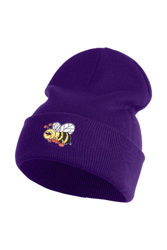 Smiling Bumble Bee Insect iron on Patched 12 Inch Long Knitted Beanie - Purple OSFM