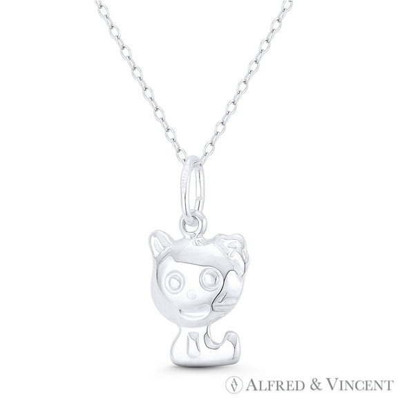 Smiling Cat Animal Charm Hollow Pendant & Chain Necklace in .925 Sterling Silver