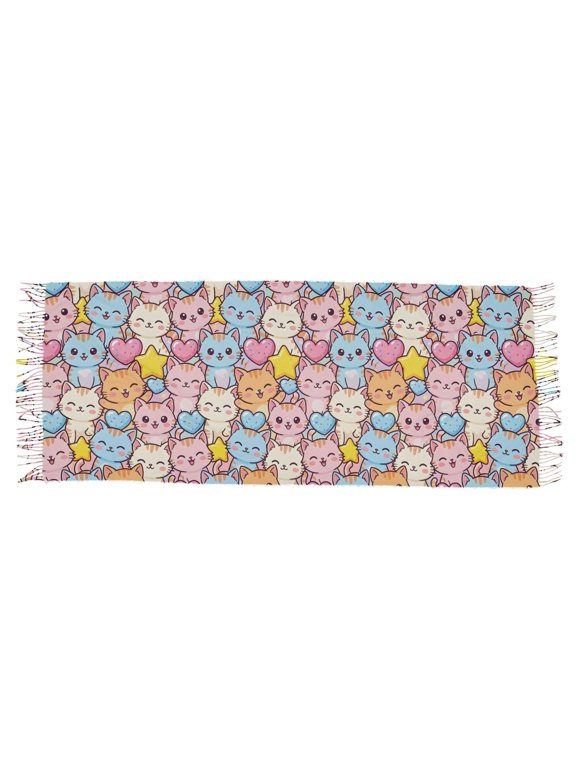 Smiling Cat Pattern Travel Scarf Soft Lightweight Breathable Large Shawl Wrap 86.6x30.7in Fringe Cozy