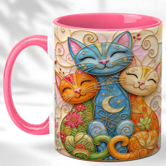 Smiling Cat Trio Coffee Mug, Whimsical Cat Mug, Ceramic 11 oz