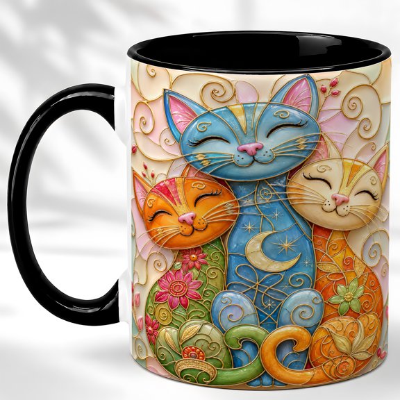 Smiling Cat Trio Coffee Mug, Whimsical Cat Mug, Ceramic 11 oz