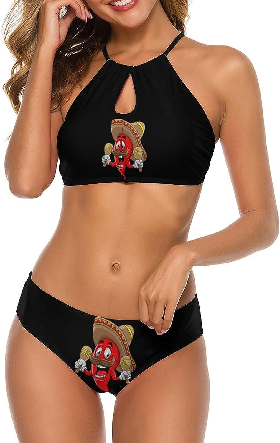 Smiling Chili Pepper with Maracas Women's Two Pieces Bikini Set Halter