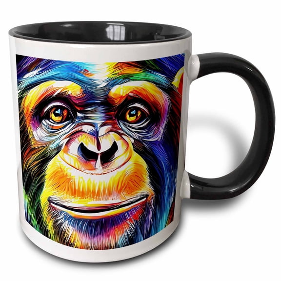 3drose, Smiling Chimpanzee Colorful Face Portrait. Positive, Gifts for Family, 11oz Two-tone Black Mug