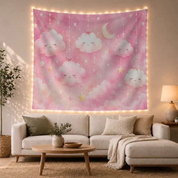 Smiling Clouds in Pink Sky, Whimsical Dreamy Watercolor for Teen Girls, Fantasy Nursery Decor, Birthday Gift, Tapestry Wall Hanging for Bedroom, Dorm and Living Room