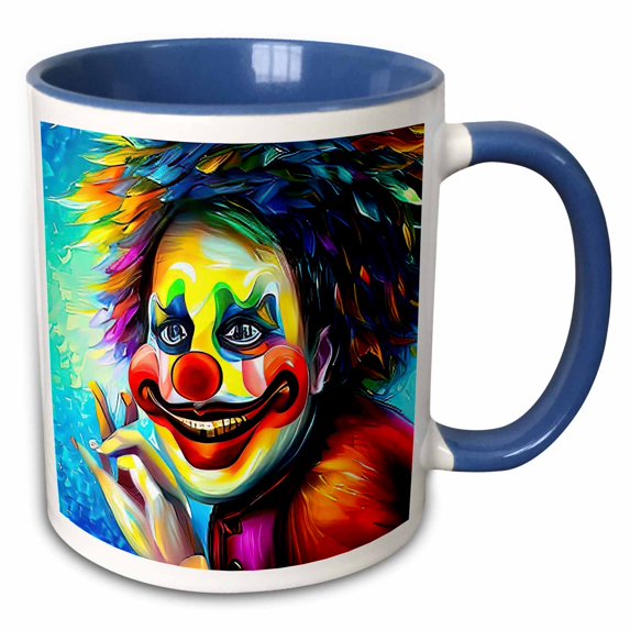 3drose, Smiling Clown with Red Nose, Yellow Face and Dark Hair. Chic Gift, 11oz Two-tone Blue Mug