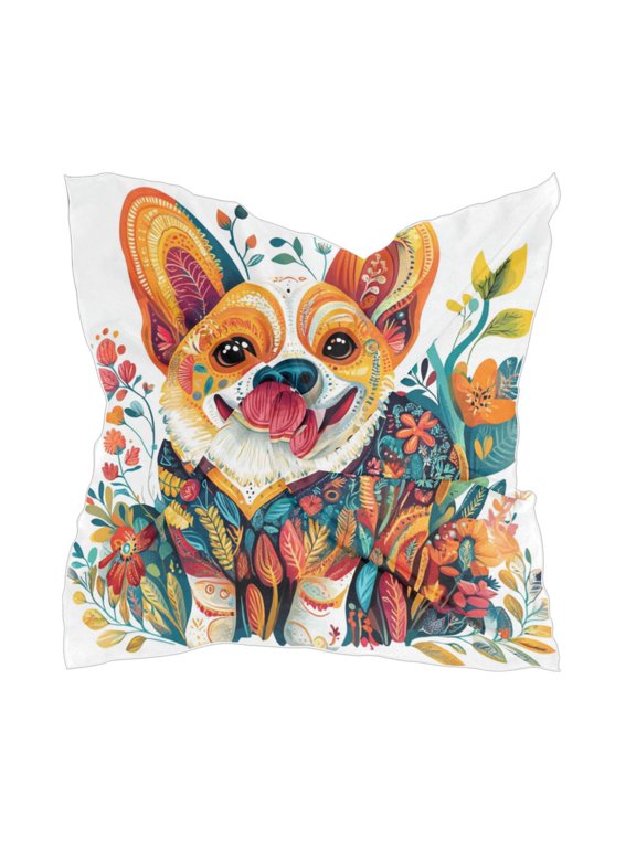 Smiling Corgi Dog Square Silk Scarf, 23.6223.62in Polyester Simulated Silk Satin Scarf Tops for Women Head Wraps Shirt Bandana Curly Hair Tie Headband Headscarf