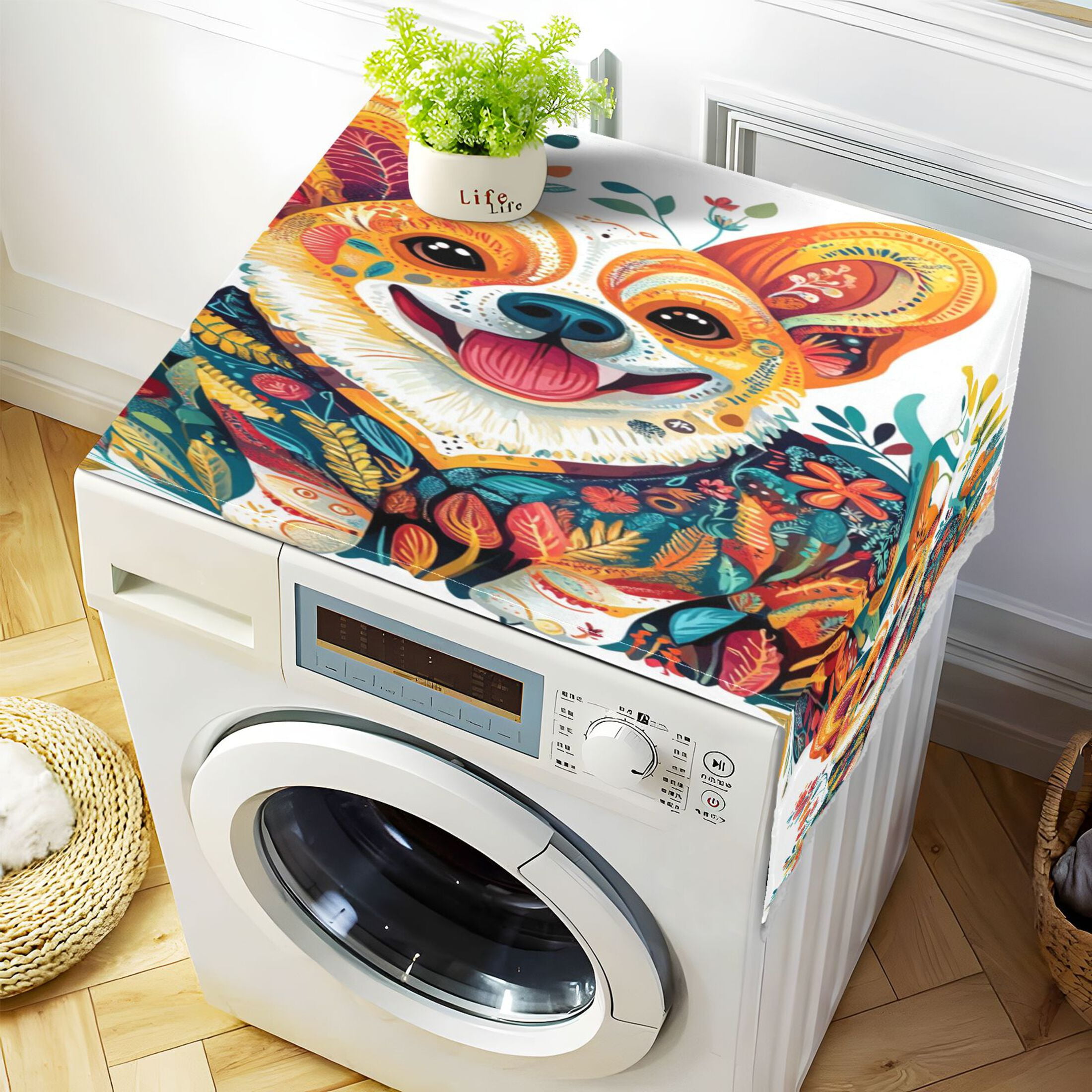 Smiling Corgi DogWasher and Dryer Covers Dust-Proof and Oil Resistant Fridge Cover with 4 Storage Pockets Washing Machine Top Cover for Laundry Kitchen Home 51.2 x 22 In
