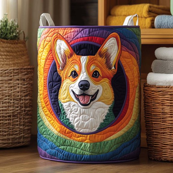 Smiling Corgi Patchwork Quilted Laundry Basket