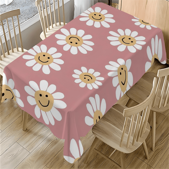 Smiling Daisy Print Rectangle Tablecloth 55 x 77.1 Inches Pink Floral Design for Home Office Party Decor