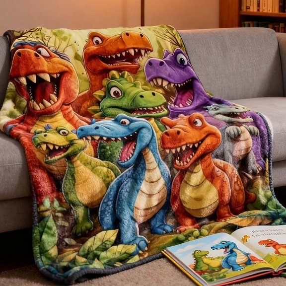Smiling Dinosaur Flannel Throw Blanket, Cute Cartoon Dino HD Digital Print, Super Soft Cozy Fuzzy Plush, Lightweight Bedding for Room, Couch, Gift for Family