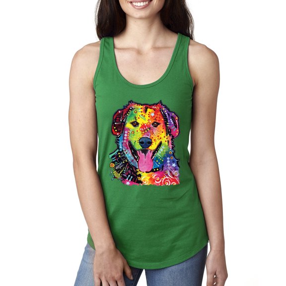 Smiling Dog | Colorful Neon Golden Retreiver | Dean Russo Art Animal Lover Ladies Racerback Tank Top, Kelly, X-Large