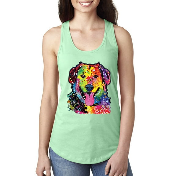 Smiling Dog | Colorful Neon Golden Retreiver | Dean Russo Art Animal Lover Ladies Racerback Tank Top, Mint, Medium