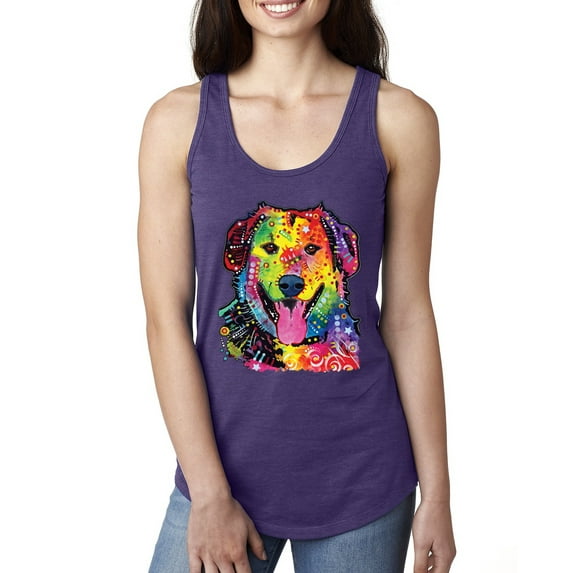 Smiling Dog | Colorful Neon Golden Retreiver | Dean Russo Art Animal Lover Ladies Racerback Tank Top, Purple Rush, Large