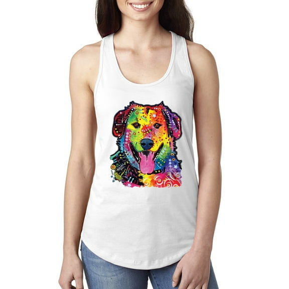 Smiling Dog | Colorful Neon Golden Retreiver | Dean Russo Art Animal Lover Ladies Racerback Tank Top, White, Medium