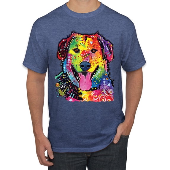 Smiling Dog | Colorful Neon Golden Retreiver | Dean Russo Art Animal Lover Men's T-Shirt, Vintage Heather Blue, Medium