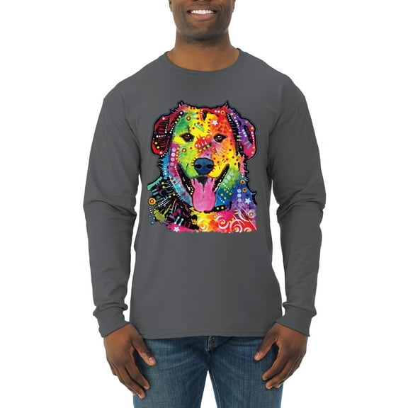 Smiling Dog | Colorful Neon Golden Retreiver | Dean Russo Art Animal Lover Mens Long Sleeve Shirt, Charcoal, Small