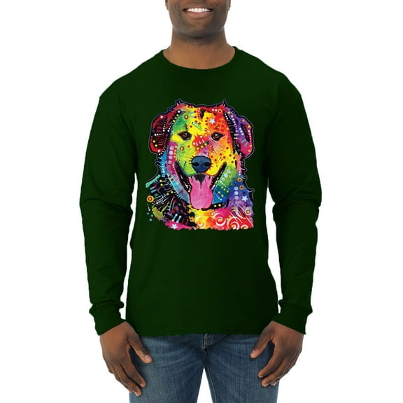 Smiling Dog | Colorful Neon Golden Retreiver | Dean Russo Art Animal Lover Mens Long Sleeve Shirt, Forest Green, Large
