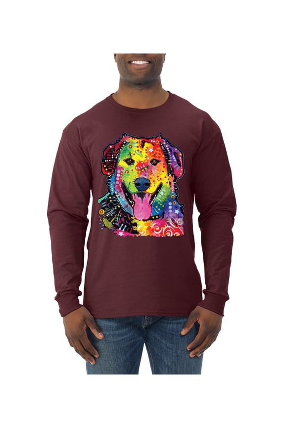 Smiling Dog | Colorful Neon Golden Retreiver | Dean Russo Art Animal Lover Mens Long Sleeve Shirt, Maroon, Large