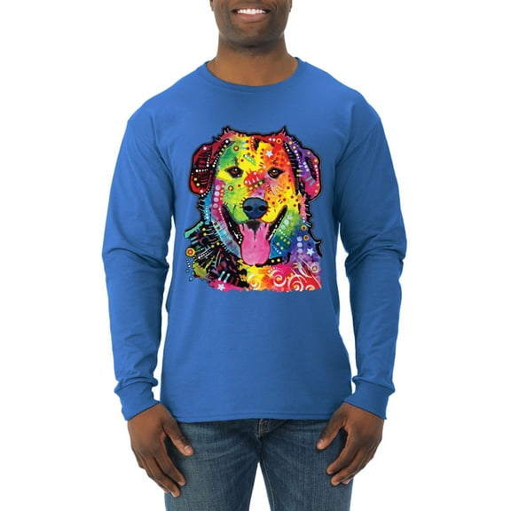 Smiling Dog | Colorful Neon Golden Retreiver | Dean Russo Art Animal Lover Mens Long Sleeve Shirt, Royal, X-Large