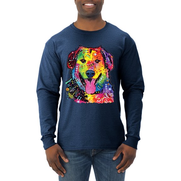 Smiling Dog | Colorful Neon Golden Retreiver | Dean Russo Art Animal Lover Mens Long Sleeve Shirt, Vintage Heather Navy, X-Large