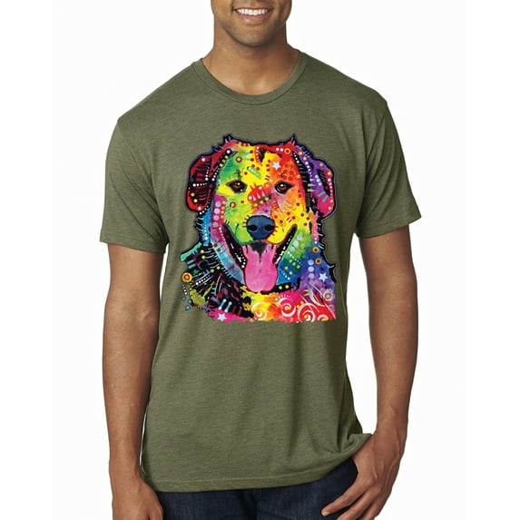 Smiling Dog | Colorful Neon Golden Retreiver | Dean Russo Art Animal Lover Mens Premium Tri Blend T-Shirt, Military Green, Small