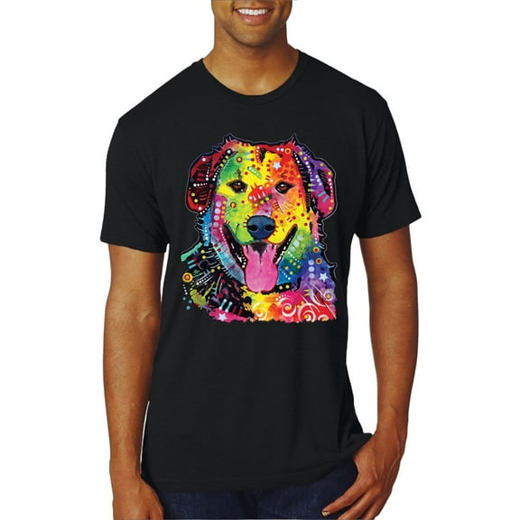 Smiling Dog | Colorful Neon Golden Retreiver | Dean Russo Art Animal Lover Mens Premium Tri Blend T-Shirt, True Black, Large