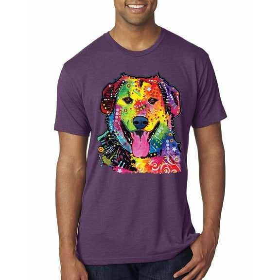 Smiling Dog | Colorful Neon Golden Retreiver | Dean Russo Art Animal Lover Mens Premium Tri Blend T-Shirt, Vintage Purple, Medium