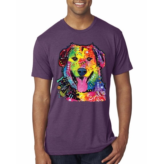 Smiling Dog | Colorful Neon Golden Retreiver | Dean Russo Art Animal Lover Mens Premium Tri Blend T-Shirt, Vintage Purple, X-Large