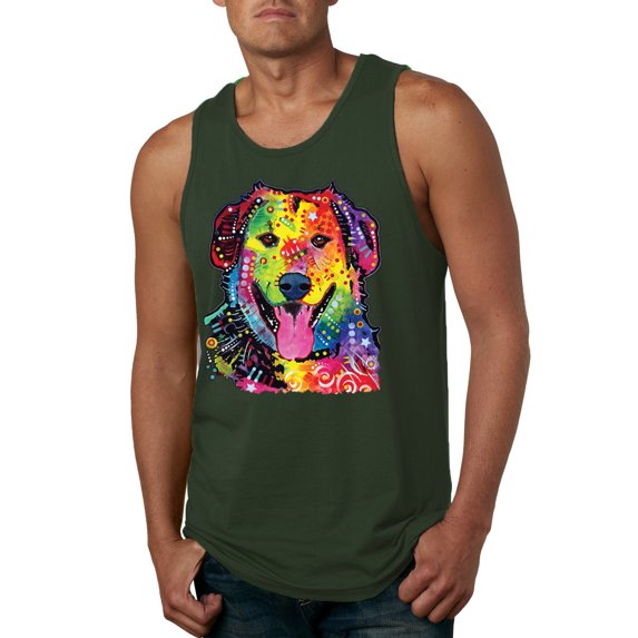 Smiling Dog | Colorful Neon Golden Retreiver | Dean Russo Art Animal Lover Mens Tank Top, Forest Green, Medium