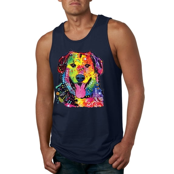 Smiling Dog | Colorful Neon Golden Retreiver | Dean Russo Art Animal Lover Mens Tank Top, Navy, Medium