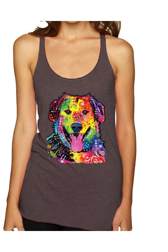 Smiling Dog | Colorful Neon Golden Retreiver | Dean Russo Art Animal Lover Tri-Blend Racerback Tank Top, Brown, X-Large