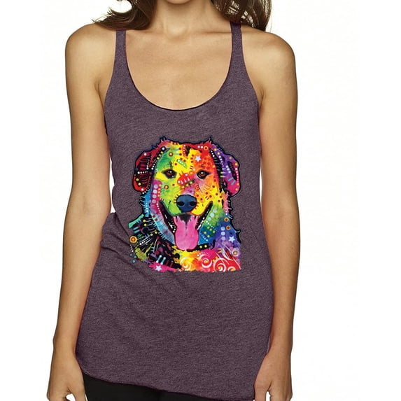 Smiling Dog | Colorful Neon Golden Retreiver | Dean Russo Art Animal Lover Tri-Blend Racerback Tank Top, Purple Vintage, X-Large