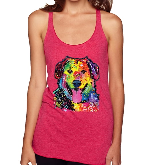 Smiling Dog | Colorful Neon Golden Retreiver | Dean Russo Art Animal Lover Tri-Blend Racerback Tank Top, Shocking Pink, Small