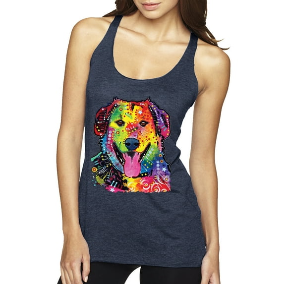Smiling Dog | Colorful Neon Golden Retreiver | Dean Russo Art Animal Lover Tri-Blend Racerback Tank Top, Vintage Navy, X-Large