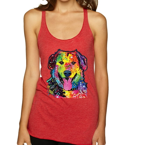 Smiling Dog | Colorful Neon Golden Retreiver | Dean Russo Art Animal Lover Tri-Blend Racerback Tank Top, Vintage Red, X-Large