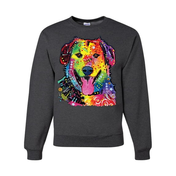 Smiling Dog | Colorful Neon Golden Retreiver | Dean Russo Art Animal Lover Unisex Crewneck Sweatshirt, Heather Black, Small