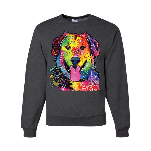 Smiling Dog | Colorful Neon Golden Retreiver | Dean Russo Art Animal Lover Unisex Crewneck Sweatshirt, Heather Black, XX-Large